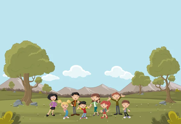 Familia de dibujos animados en un parque verde con hierba y árboles . — Vector de stock