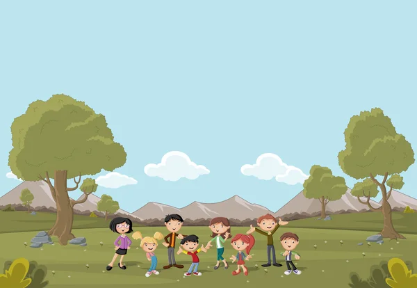 Famille Cartoon dans un parc verdoyant avec herbe et arbres . — Image vectorielle