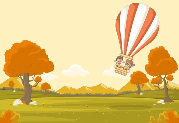 Niños de dibujos animados dentro de un globo aerostático volando sobre un parque . — Archivo Imágenes Vectoriales
