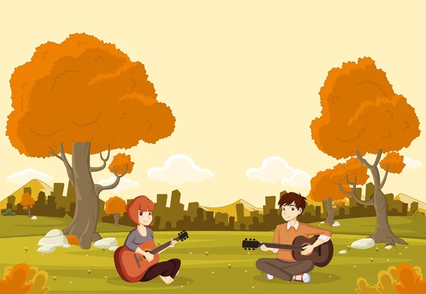 Мультиплікаційні підлітки грають на гітарі в прекрасному парку . — стоковий вектор