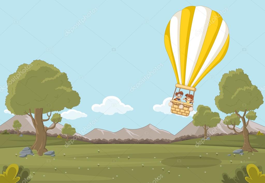 Çizgi film çocuklar üzerinde bir park uçan bir sıcak hava balonu içinde