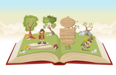 Çizgi film çocuklar explorer kıyafeti ile açık kitap 