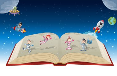 Astronot çizgi film çocuk ile açık kitap