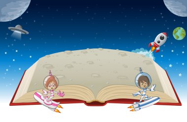 Astronot çizgi film çocuk ile açık kitap