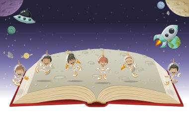 Astronot çizgi film çocuk ile açık kitap