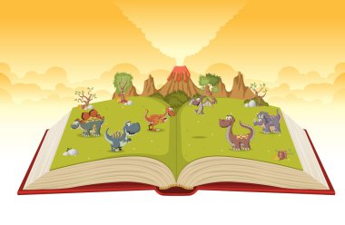 Open book with volcano and funny cartoon dinosaurs clipart