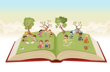 Yeşil park üzerinde oynayan sevimli çizgi çocuklar ile açık kitap. 