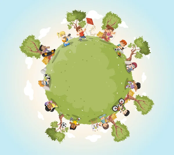 Planet earth with cute cartoon kids playing. — Stock Vector