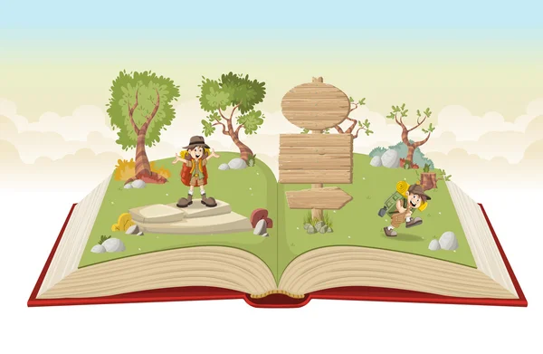 Libro aperto con i bambini dei cartoni animati in abito explorer — Vettoriale Stock
