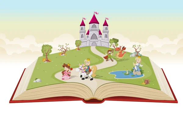 Libro aperto con principesse e principi dei cartoni animati — Vettoriale Stock