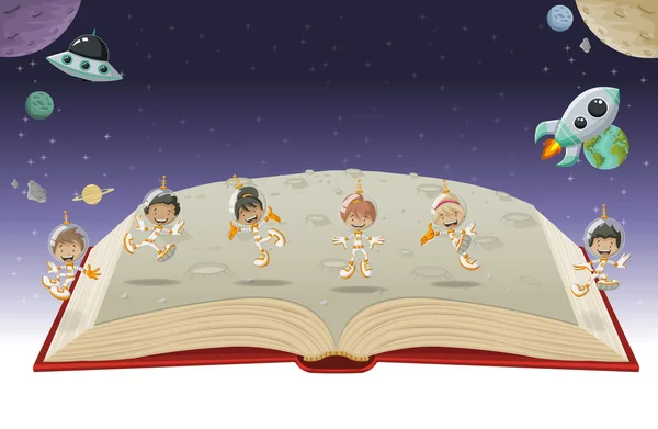 Libro abierto con niños astronautas de dibujos animados — Archivo Imágenes Vectoriales