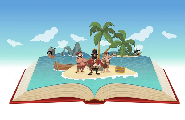 Libro abierto con piratas de dibujos animados — Vector de stock