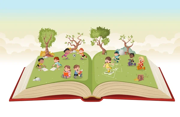 Libro aperto con simpatici bambini dei cartoni animati che giocano sul parco verde . — Vettoriale Stock