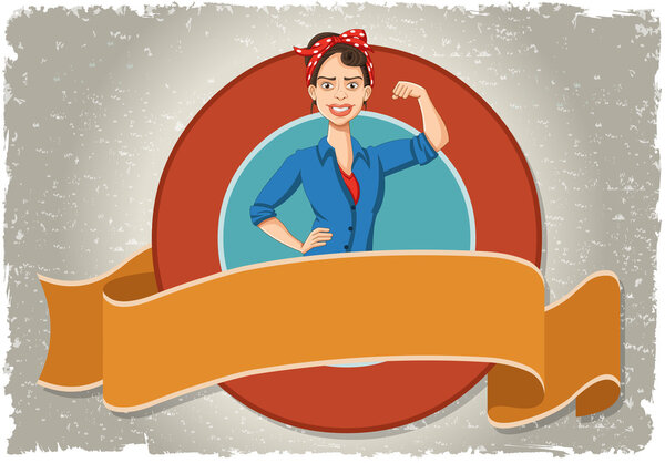 Vector banner and label background with retro strong woman. 