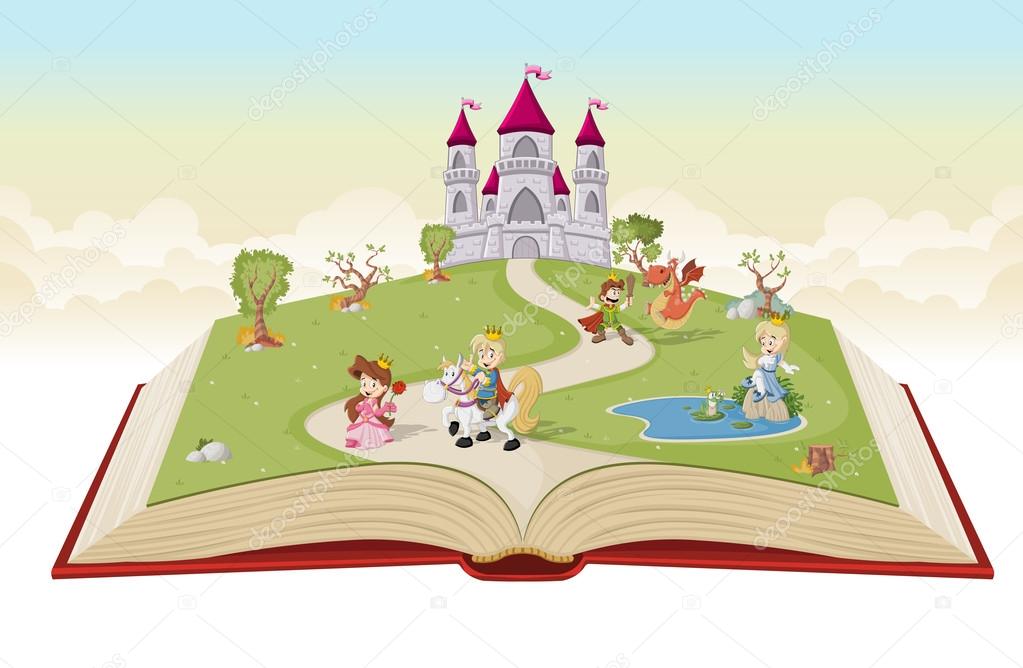 Open book with cartoon princesses and princes 
