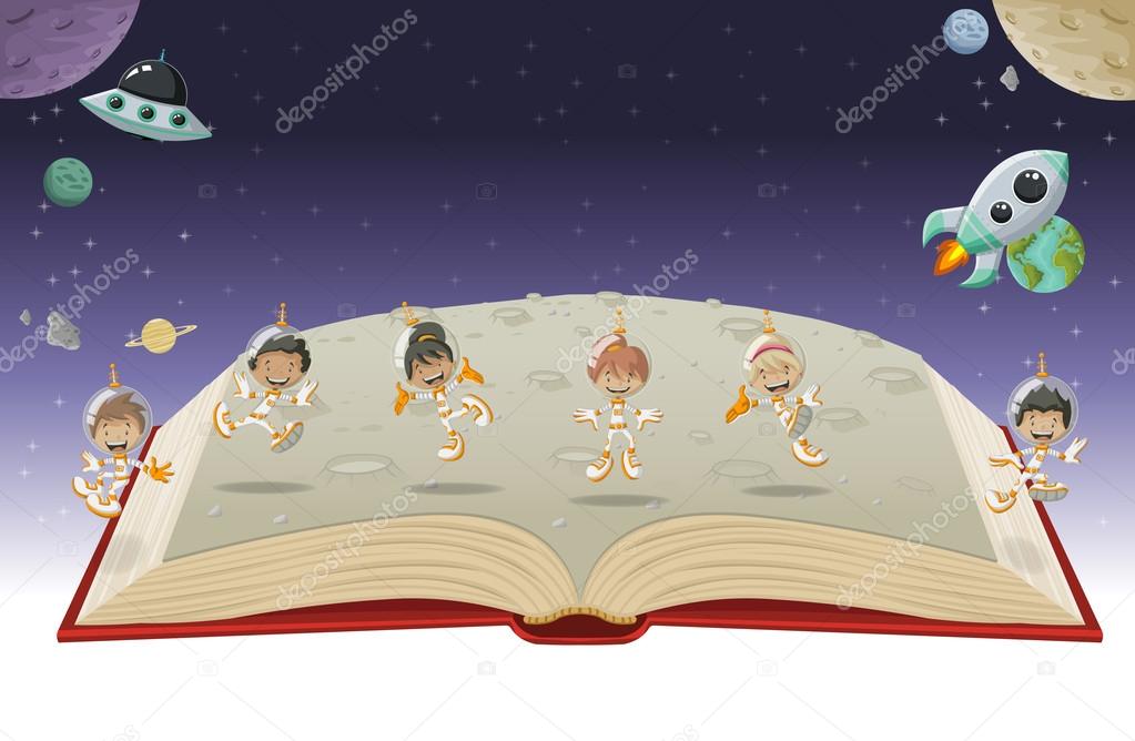 Open book with astronaut cartoon children