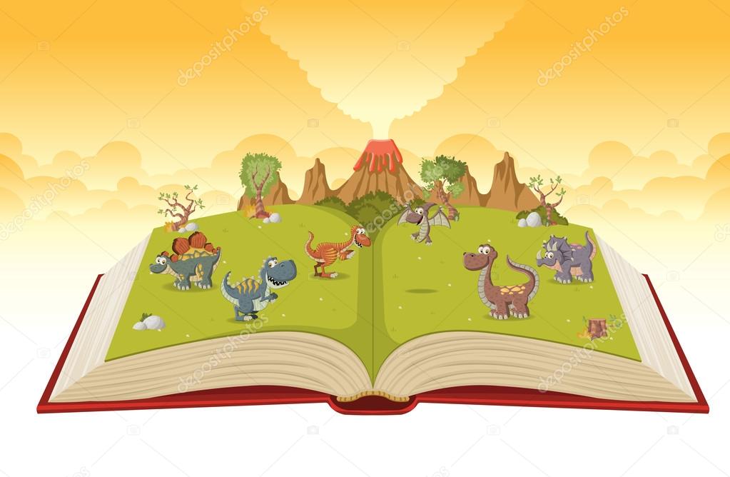 Open book with volcano and funny cartoon dinosaurs