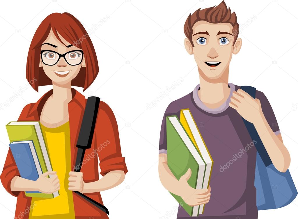 Teenager couple with backpacks and books.