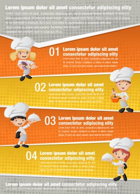 Pişirme ve yemek tepsisiyle holding karikatür şefler vektör broşürü arka planlar.