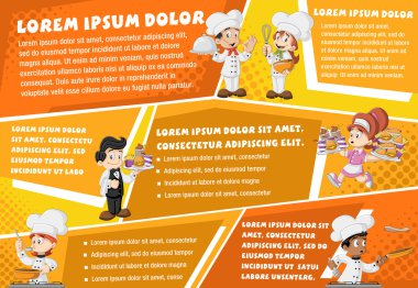 Pişirme ve yemek tepsisiyle holding karikatür şefler vektör broşürü arka planlar