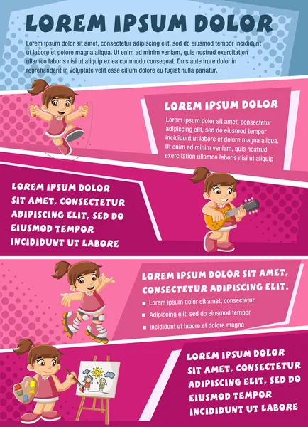 Vector brochure achtergronden met cartoon meisje spelen. — Stockvector