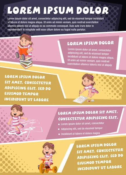 Vector brochure achtergronden met cartoon meisje spelen. — Stockvector