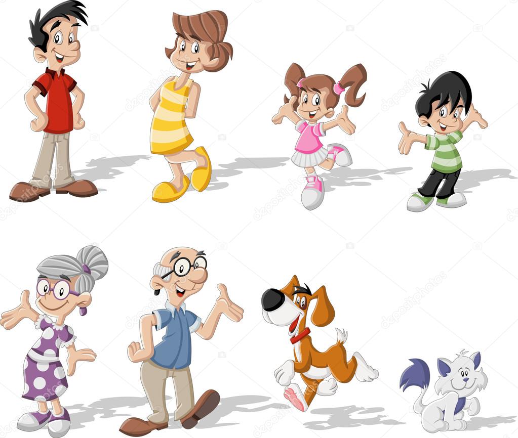 Cartoon family with pets