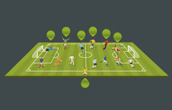 Soccer players kicking ball on the field. — Stock Vector