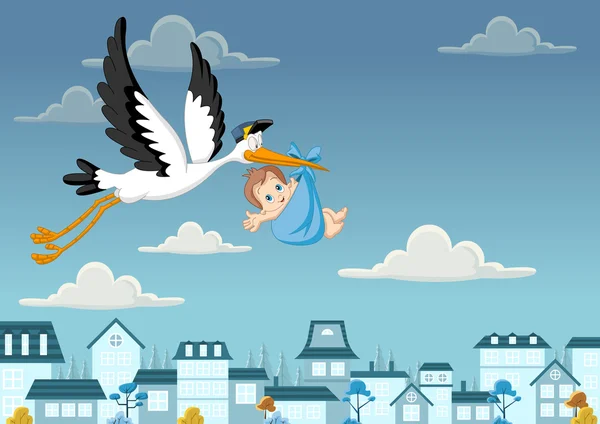 Stork delivering a newborn baby boy — Stock Vector