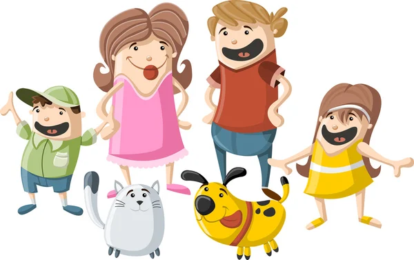 Famille Cartoon avec animaux domestiques — Image vectorielle