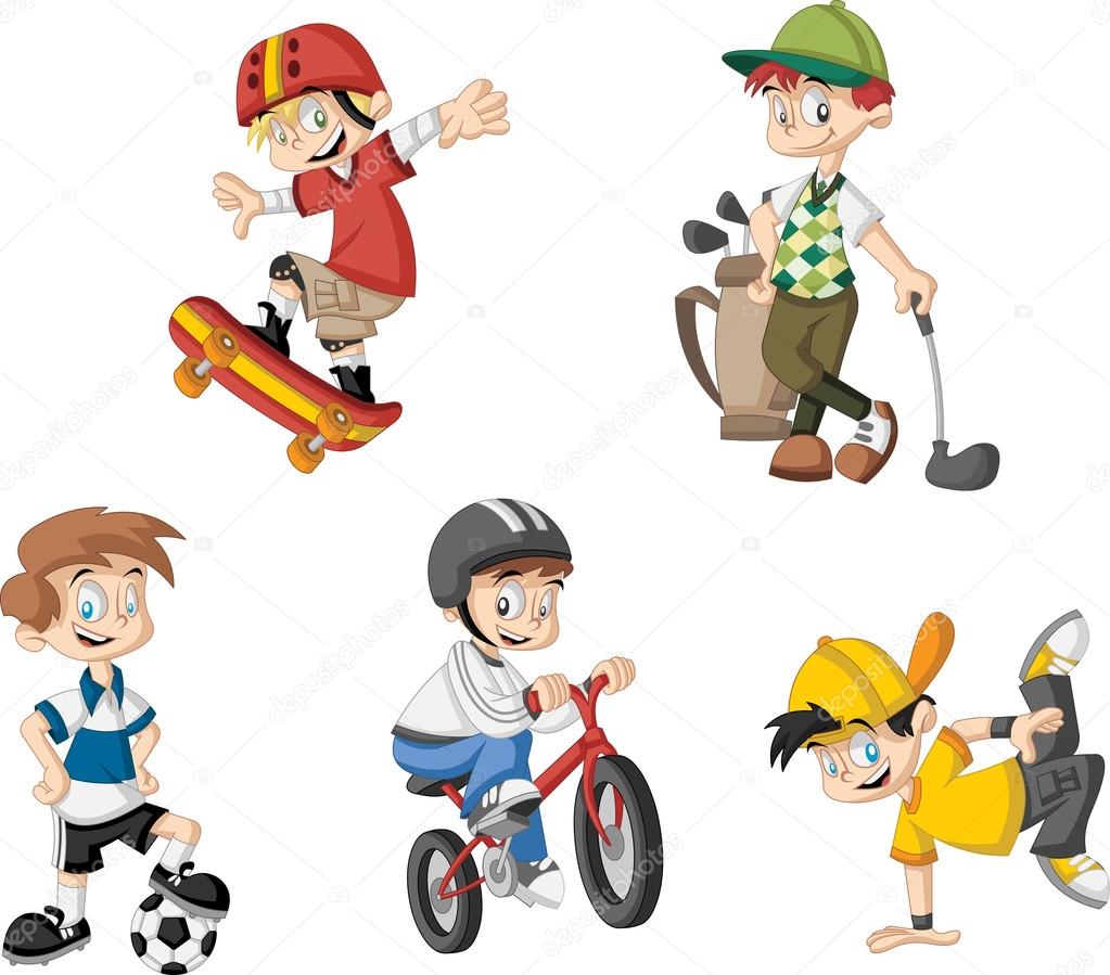 Cartoon boys playing various sports
