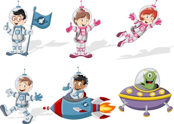 Personagens dos desenhos animados dos astronautas — Vetor de Stock