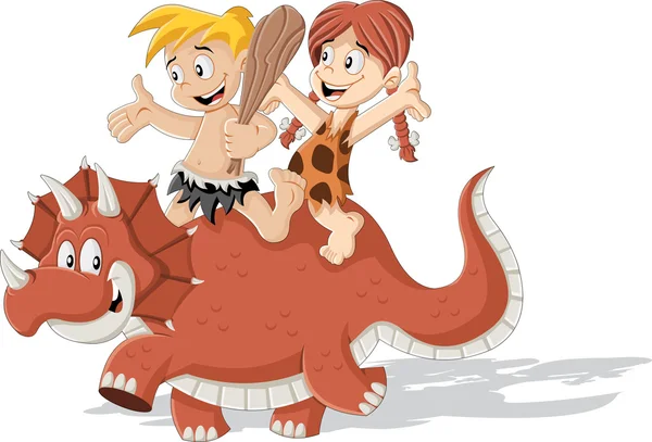 Cartoon cavemen and cave woman riding a triceratops dinosaur. — Stock Vector