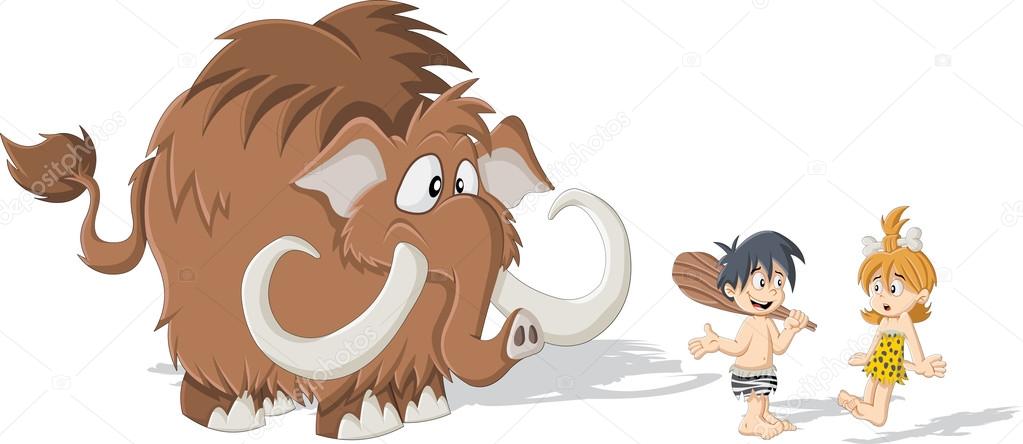 Cartoon caveman and cave woman with a Mammoth