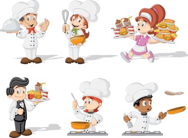 chefs cooking, waitress and waiter holding tray with fast food.