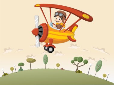 pilot boy on a airplane flying over green hill