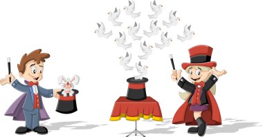 magician kids holding magic wands performing tricks with animals