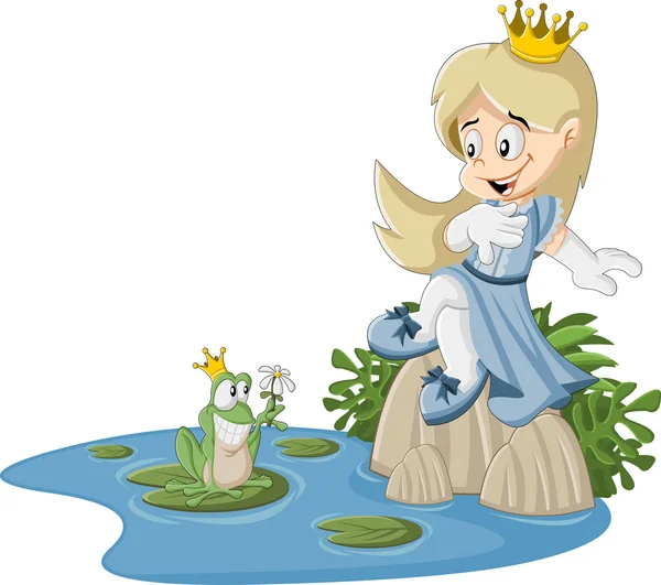 Princesa y rana en un pantano — Vector de stock