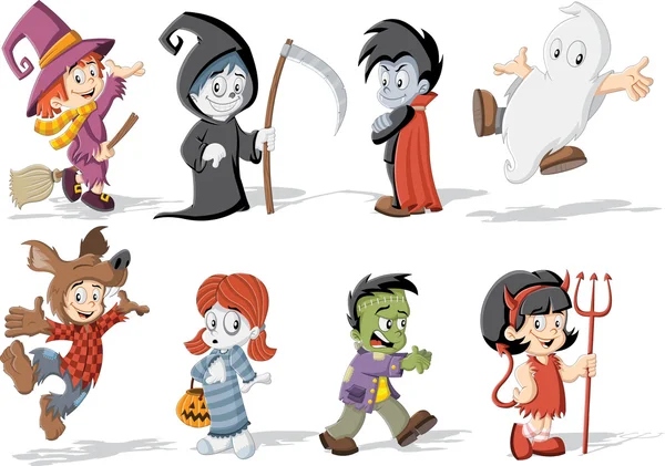 Niños que usan disfraces de personajes clásicos del monstruo de Halloween — Archivo Imágenes Vectoriales