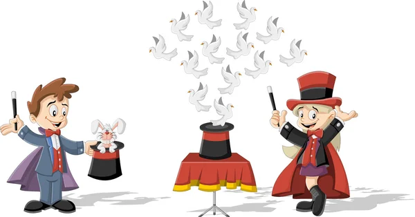 Magician kids holding magic wands performing tricks with animals — Stock vektor