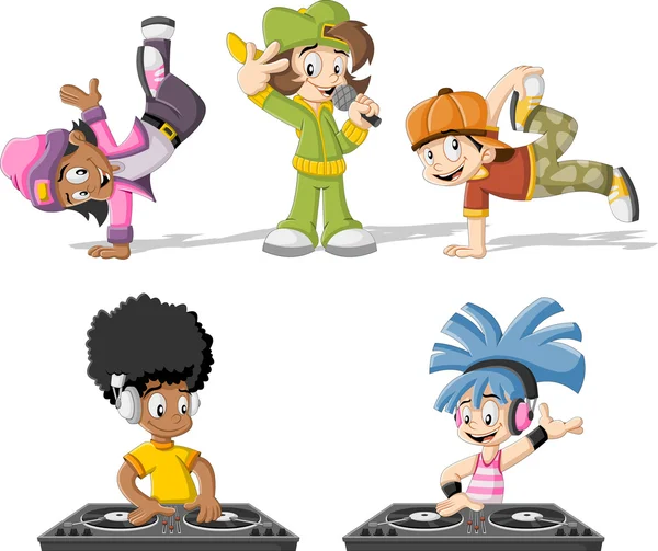 Hip hop dancers with a singer and a dj playing music — Stock Vector