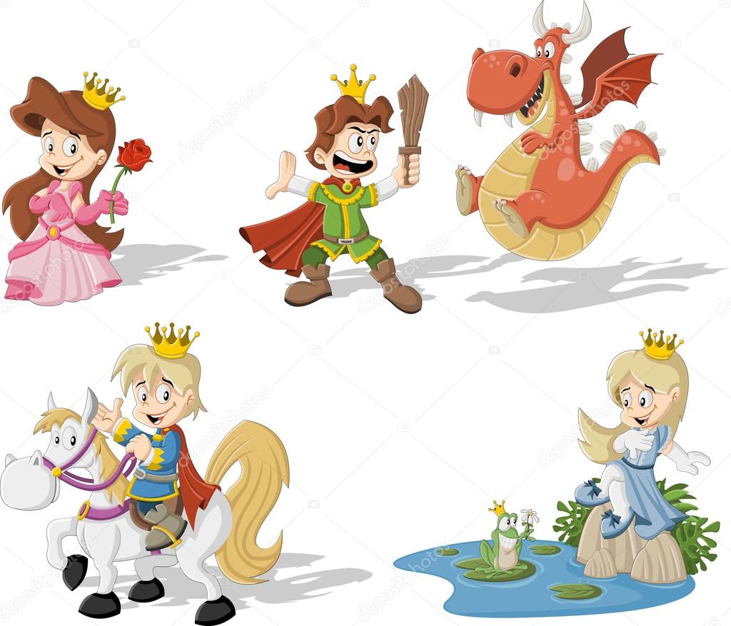 princesses and princes with dragon and frog