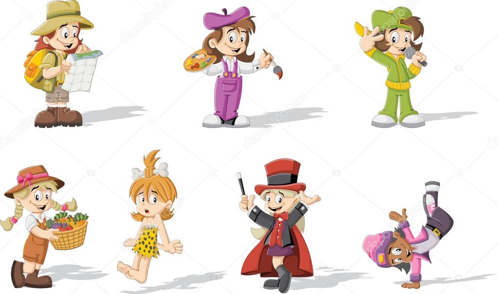 cartoon girls wearing different costumes