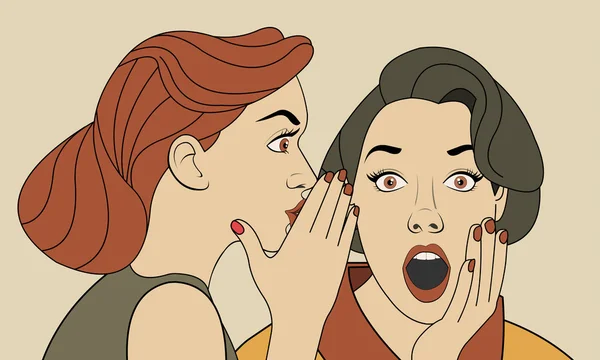 Hermosa mujer retro susurrando un chisme a su amigo sorprendido . — Vector de stock