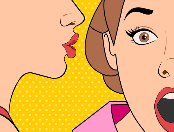 Beautiful retro woman whispering a gossip to her surprised friend. — Stock Vector