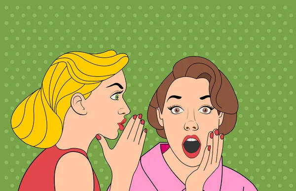 Beautiful retro woman whispering a gossip to her surprised friend. — Stock Vector