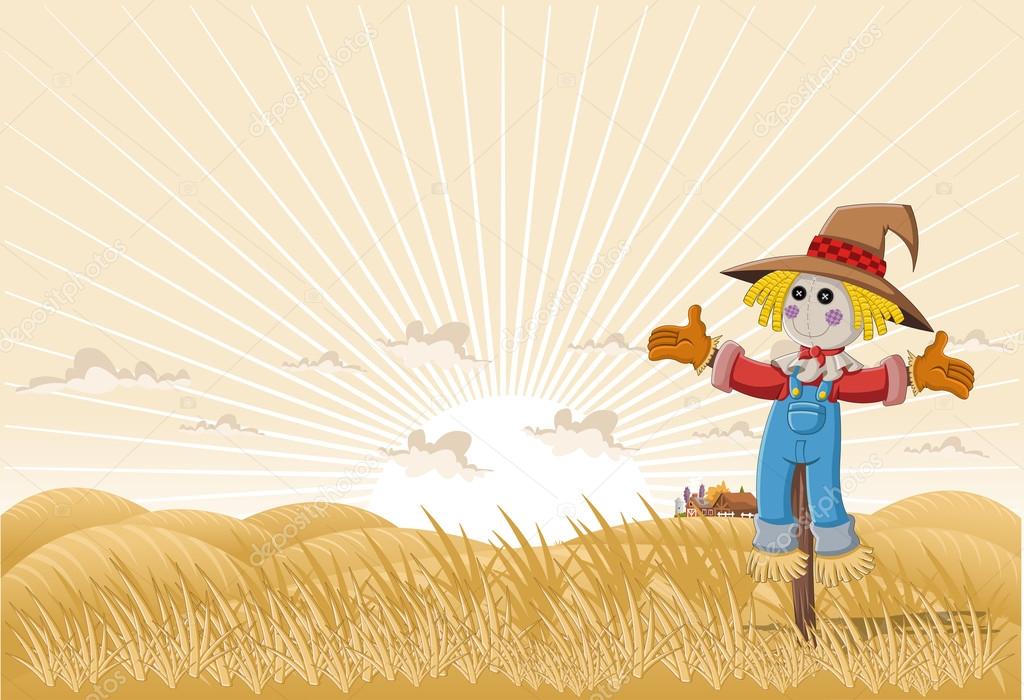 Farm with cartoon scarecrow