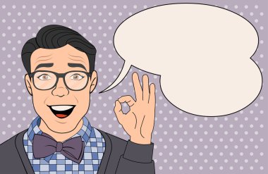 Retro adam gözlüklü bir ok işareti yapmak.