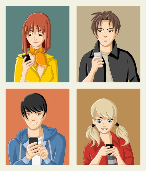 Groupe de jeunes dessins animés avec téléphones intelligents . — Image vectorielle