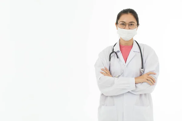 Porträtt Asiatisk Kvinnlig Läkare Vit Rock Bär Ögon Glasögon Stående — Stockfoto